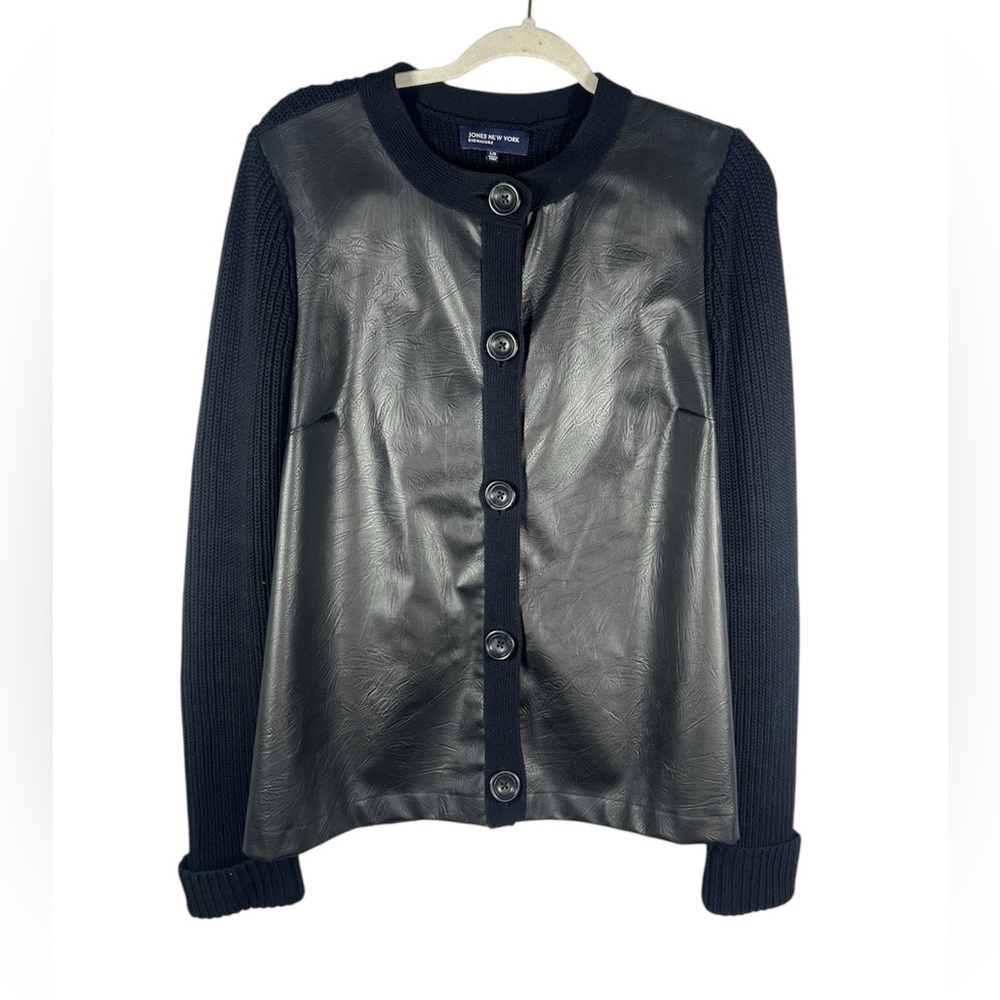 Jones New York Faux Leather Torso Button Front Sweater Large